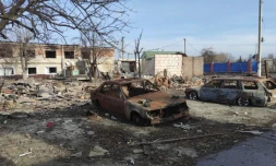 Image diffusée par le ministère russe de la Défense, le 13 mars 2025, montrant des destructions dans la ville de Soudja, dans la région de Koursk, en Ukraine