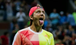 Lucas Pouille célèbre sa victoire face à Rafael Nadal, le 4 septembre 2016 à New York