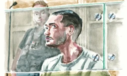 Croquis d'audience montrant Othman Garrido durant son procès devant la cour d'assises spéciale de Paris, le 14 septembre 2026