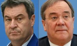 Le ministre-président bavarois, Markus Söder, à gauche, le 16 septembre 2020, et le président du parti chrétien-démocrate CDU et candidat potentiel à la chancellerie, Armin Laschet, le 25 février 2020, dans un combo créé le 19 avril 2021