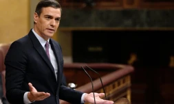 Le socialiste espagnol Pedro Sanchez défend devant les députés sa candidature pour être investi président d'un gouvernement d'union de la gauche, à Madrid le 5 janvier 2020 