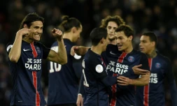 La joie des Parisiens après l'ouverture du score contre Troyes signée Edinson Cavani, le 28 novembre 2015