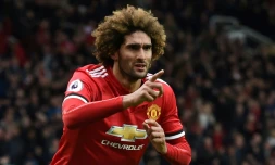Le milieu de terrain belge de Manchester United Marouane Fellaini vient de marquer contre Arsenal en Premier League, le 29 avril 2018 à Manchester