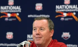 Le patron de la natation américaine Tim Hinchey, lors d'un point presse en marge du championnat national de natation à Irvine, en Californie, le 25 jullet 2018