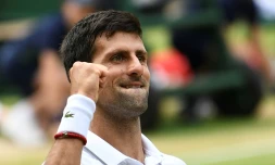 Le Serbe Novak Djokovic facile vainqueur du Belge David Goffin en quart de finale de Wimbledon, le 10 juillet 2019 Ă Londres