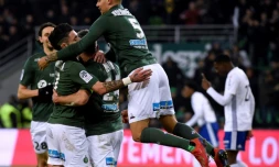 Les Stéphanois heureux après avoir marqué à Strasbourg le 13 février 2019 au stade Geoffroy-Guichard à Saint-Etienne  