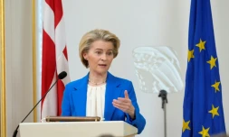 La présidente de la Commission européenne Ursula von der Leyen lors d'une intervention à l'Académie militaire royale danoise à Copenhague, le 18 mars 2025