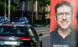 Affiche électorale de l'eurodéputé allemand du parti social-démocrate (SPD) au pouvoir, Matthias Ecke, le 4 mai 2024 à Dresde, dans l'est de l'Allemagne