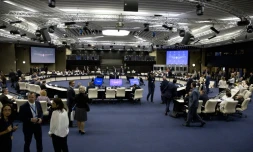 La salle qui accueille les chefs d?État et de gouvernement européens qui se réunissent avec leurs homologues d'Albanie, de Bosnie-Herzégovine, de Serbie, du Monténégro, de Macédoine et du Kosovo le 17 mai 2018 à Sofia en Bulgarie