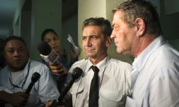 Bruno Odos et Pascal Fauret face à la presse à l'issue de leur procès le 15 août 2015 à Saint-Domingue