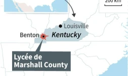 Localisation du lycĂ©e de Marshall County dans le ville de Benton (Kentucky, Etats-Unis) oĂč une fusillade a Ă©clatĂ© mardi