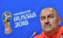 Le sélectionneur de la Russie Stanislav Cherchesov en conférence de presse le 24 juin 2018 à Samara 