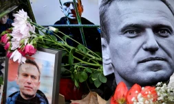 Des fleurs déposées autour de portraits de l'opposant russe Alexeï Navalny, mort en prison, le 23 février 2024 à Francfort, en Allemagne
