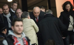 Le président de Rennes, René Ruello (c) dans les tribunes du Roazhon Park, lors du match contre Bordeaux, le 3 novembre 2017