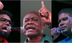 Ce combo d'images d'archives créé le 31 août 2025 montre (de g. à d.) le président sortant du Guyana Mohamed Irfaan Ali, l'oposant Aubrey Norton et le populiste Azruddin Mohamed