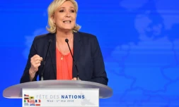 Marine Le Pen, lors d'un rassemblement du "Mouvement des nations pour une Europe des nations et des libertés" (MENL), à Nice le 1er mai 2018
