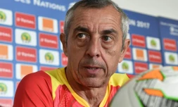 Alain Giresse, alors sélectionneur du Mali, en conférence de presse, le 23 janvier 2017 lors de la CAN-2017, à Oyem au Gabon