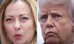 La Première ministre italienne Giorgia Meloni à Rome, le 14 april 2025, et le président américain Donald Trump à la base aérienne Andrews, dans le Maryland (est), le 14 mars 2025