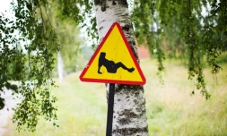 Un panneau de la route non officiel montrant une femme en train d'accoucher pour dénoncer la fermeture d'une maternité près de Solleftea dans le nord de la Suède le 9 août 2017