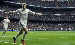 L'attaquant du Real Madrid Gareth Bale après un but contre l'Espanyol, le 18 février 2017 à Bernabeu
