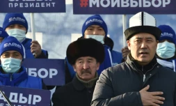 Clad in a traditional Kalpak felt hat, populist Japarov, seen addressing a rally in Bishkek, looks set to claim the presidency just weeks after his release from jail