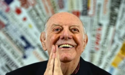 L'écrivain italien Dario Fo, prix Nobel de littérature en 1997, lors d'une conférence de presse, le 3 décembre 2015 à Rome