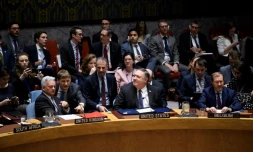 Au centre, le secrétaire d'Etat américain Mike Pompeo lors d'une réunion du Conseil de sécurité de l'ONU sur le Venezuela, le 26 janvier 2019 au siège des Nations unies à New York