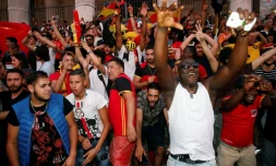 Des supporters belges fêtent la qualification pour les demi-finales du Mondial, le 6 juillet 2018 à Bruxelles