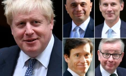 Cette mosaïque d'images montre les cinq candidats encore en lice pour devenir le chef du parti conservateur britannique, qui deviendra également Premier ministre: le favori Boris Johnson (à gauche), Sajid Javid (au centre en haut), Jeremy Hunt (en haut à droite), Rory Stewart (au centre en bas) et Michael Gove (en bas à droite).