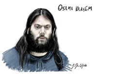 Ce croquis d'adience, réalisé le 19 avril 2023, montre le jihadiste suédois Osama Krayem durant son procès devant les assises de Bruxelles pour répondre de sa participation aux attentats de mars 2016 en Belgique