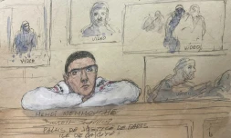 Croquis d'audience du 27 février 2025 représentant Mehdi Nemmouche devant la cour d'assises spéciale de Paris