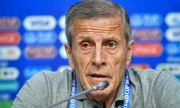Le sélectionneur de l'Uruguay Oscar Tabarez en conférence de presse le 24 juin lors du Mondial 2018 en Russie