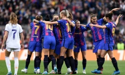 La joie des Barcelonaises aprÚs un but marqué contre le Real Madrid, lors du quart de finale retour de la Ligue des Champions, le 30 mars 2022 au Camp Nou, devant 91.553 spectateurs, nouveau record mondial pour un match de football féminin