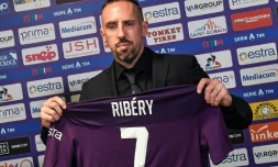 L'attaquant français Franck Ribéry lors de sa conférence de presse de présentation à la Fiorentina, le 22 août 2019 à Florence 
