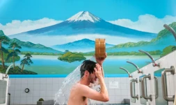 Sam Holden, co-directeur d'une association de sauvegarde de bains publics, se baigne au sento Inari-yu, le 6 juillet 2022 à Tokyo 