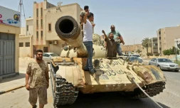 Des combattants loyaux au Gouvernement d'union national (GNA), le 5 juin 2020 à Tarhouna, ville située à 80 km au sud de la capitale libyenne Tripoli et reprise aux forces du maréchal Haftar