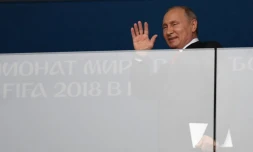 Le président russe Vladimir Poutine après son discours d'ouverture de la Coupe du monde, le 14 juin 2018 à Moscou   
