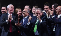 Le comité Canada-Mexico-USA exulte après l'obtention de l'organisation du Mondial-2026 lors du congrès de la Fifa, à Moscou, le 13 juin 2018