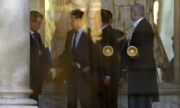 Manuel Valls (G) et François Hollande (C) après leur déjeuner, le 28 novembre, à l'Elysée