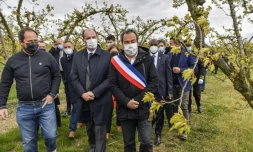 Le Premier ministre Jean Castex (c) en visite dans une exploitation agricole d'abricots frappée par le gel, accompagné de l'exploitant Gilbert Pasquio (g) et du maire de Colombier-le-Cardinal Olivier De Lagarde (d), le 10 avril 2021 à Colombier-le-Cardinal, en ArdÚche