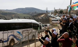 Des druzes saluent l'arrivée d'un groupe de religieux venus de Syrie, le 14 mars 2025 dans le village de Majdal Shams, sur le plateau syrien du Golan annexé par Israël