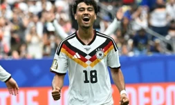 Nathaniel Brown fête son but contre le Curaçao lors du premier match de l'Allemagne dans le mondial 2026, le 14 juin à Houston.