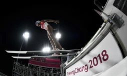 Le Polonais Dawid Kubacki lors de l'épreuve de saut à skis (tremplin normal) aux JO, le 10 février 2018 à Pyeongchang