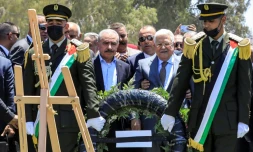 Le président palestinien Mahmoud Abbas lors d'un hommage aux Palestiniens tués dans une opération militaire israélienne, à Jénine, en Cisjordanie occupée, le 12 juillet 2023