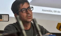 Assassiné mardi en Colombie, le procureur du Paraguay spécialisé dans la lutte contre le trafic de drogue, Marcelo Pecci, le 9 novembre 2021 lors d'une conférence de presse à Asuncion