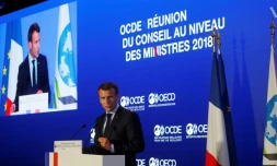 Emmanuel Macron prononce un discours devant l'OCDE à Paris, le 30 mai 2018