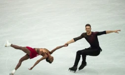 Le couple français Vanessa James et Morgan Ciprès lors du programme court des Mondiaux de patinage artistique, le 20 mars 2019 à Saitama