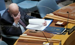 L'ambassadeur russe à l'ONU, Vassily Nebenzia, au début d'une réunion du Conseil de sécurité consacrée à la guerre en Ukraine, le 11 mars 2022 à New York