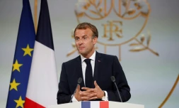 Emmanuel Macron s'exprime lors d'une cérémonie en mémoire des Harkis, le 20 septembre 2021 à l'Elysée