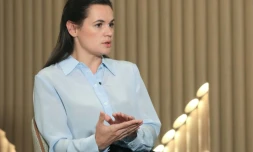 La cheffe de file de l'opposition bélarusse, Svetlana Tikhanovskaïa lors d'un entretien à l'AFP, le 22 août 2020 à Vilnius